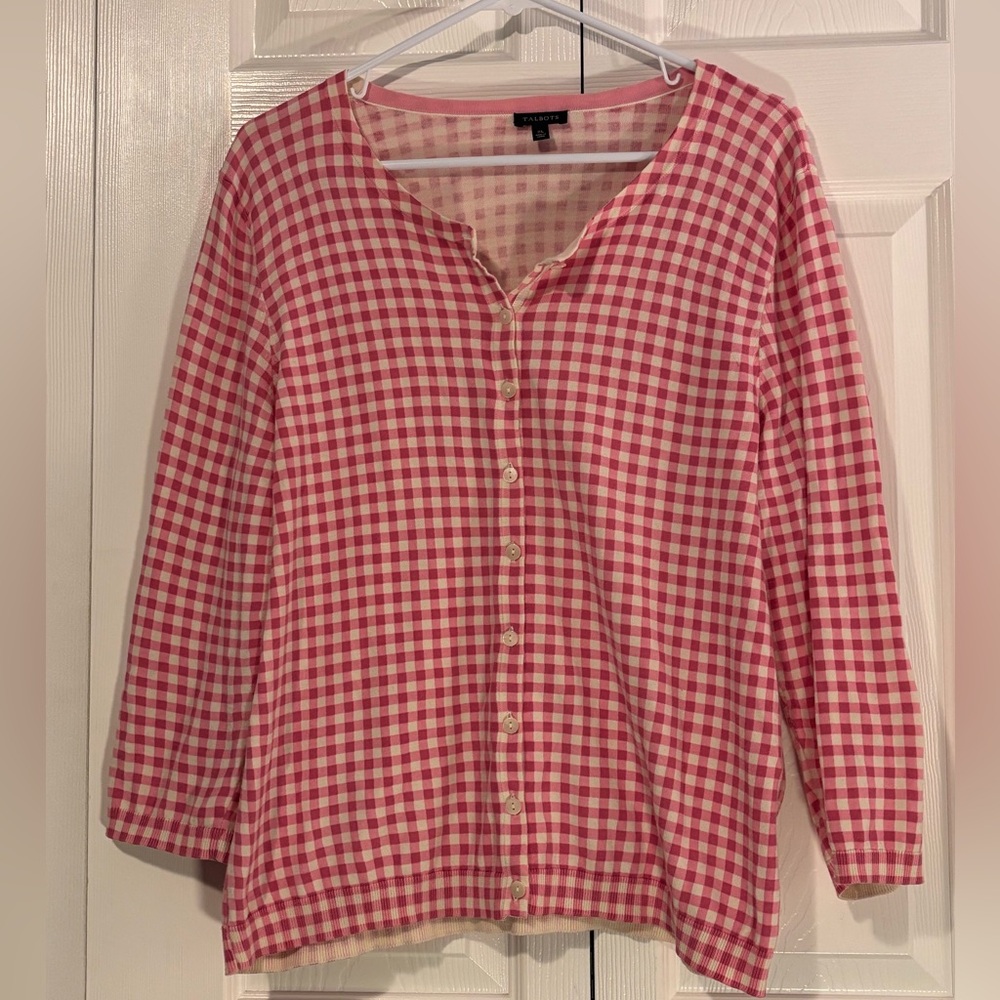 Talbots gingham print pink cardigan size XL Barbie core